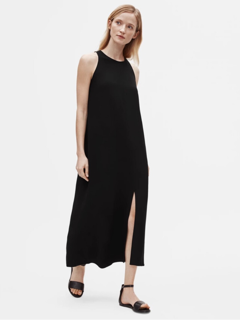 Eileen Fisher S Maxi Dress Black Tencel Crepe Front Slit Designer Minimalist
